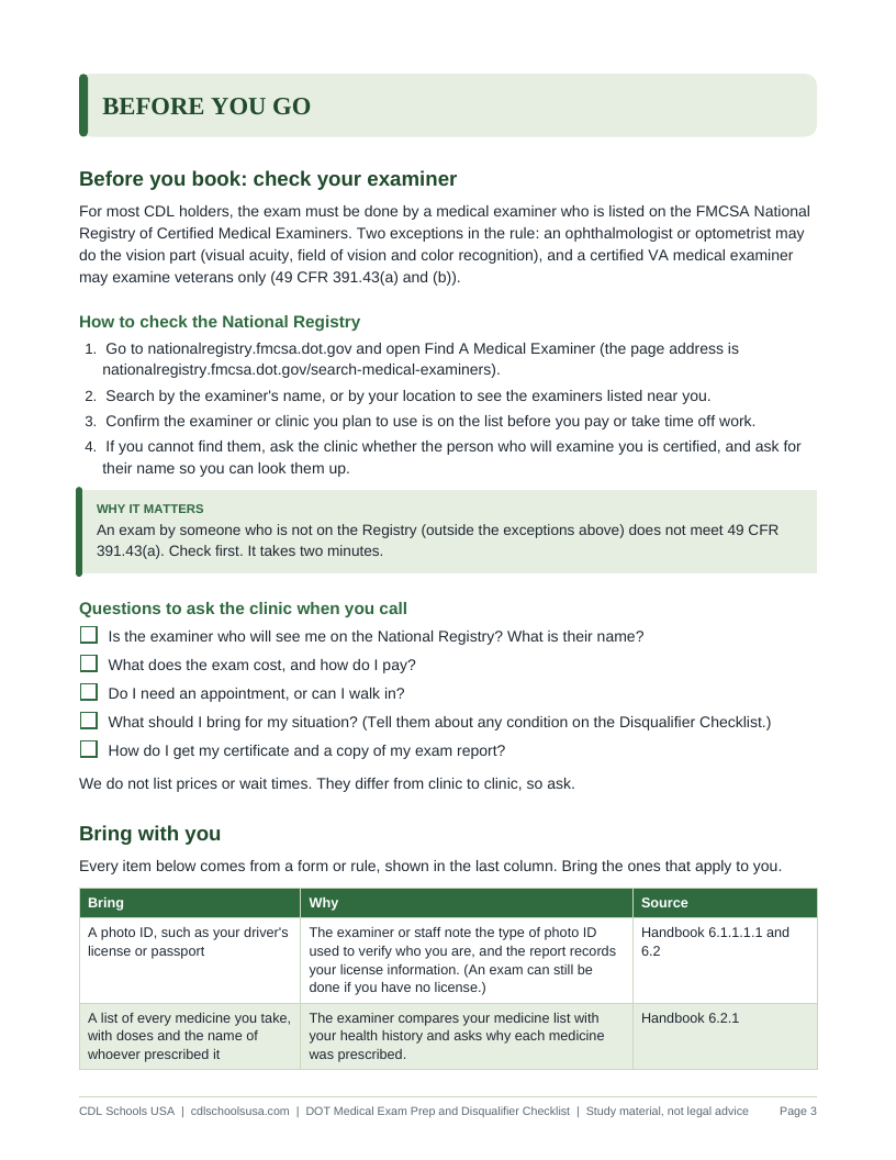 Before you go: checking your examiner and what to bring, a page from the DOT Medical Exam Prep and Disqualifier Checklist