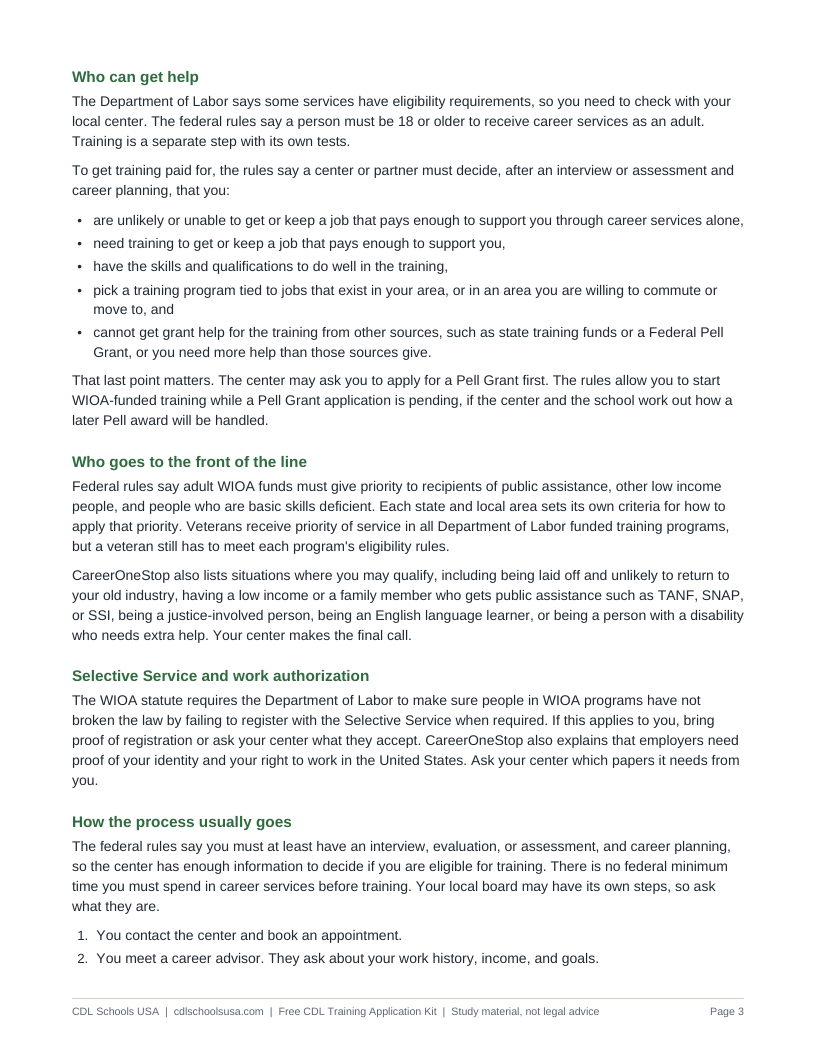 Who can get help, a page from the Free CDL Training Application Kit