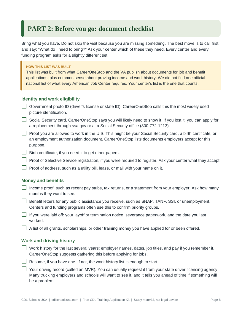 Job center visit script, a page from the Free CDL Training Application Kit