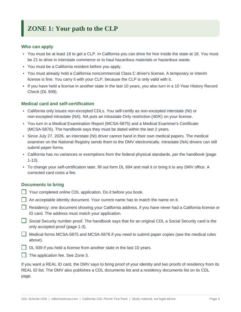 California CDL Permit Test Pack, a page from the state guide