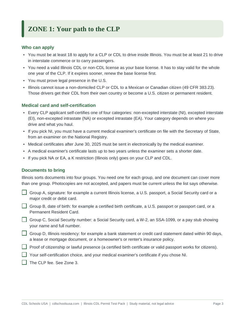 Illinois CDL Permit Test Pack, a page from the state guide