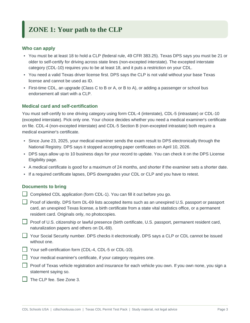Texas CDL Permit Test Pack, a page from the state guide