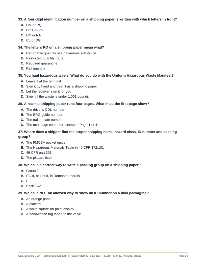 Practice questions page from the Texas Hazmat Test Pack